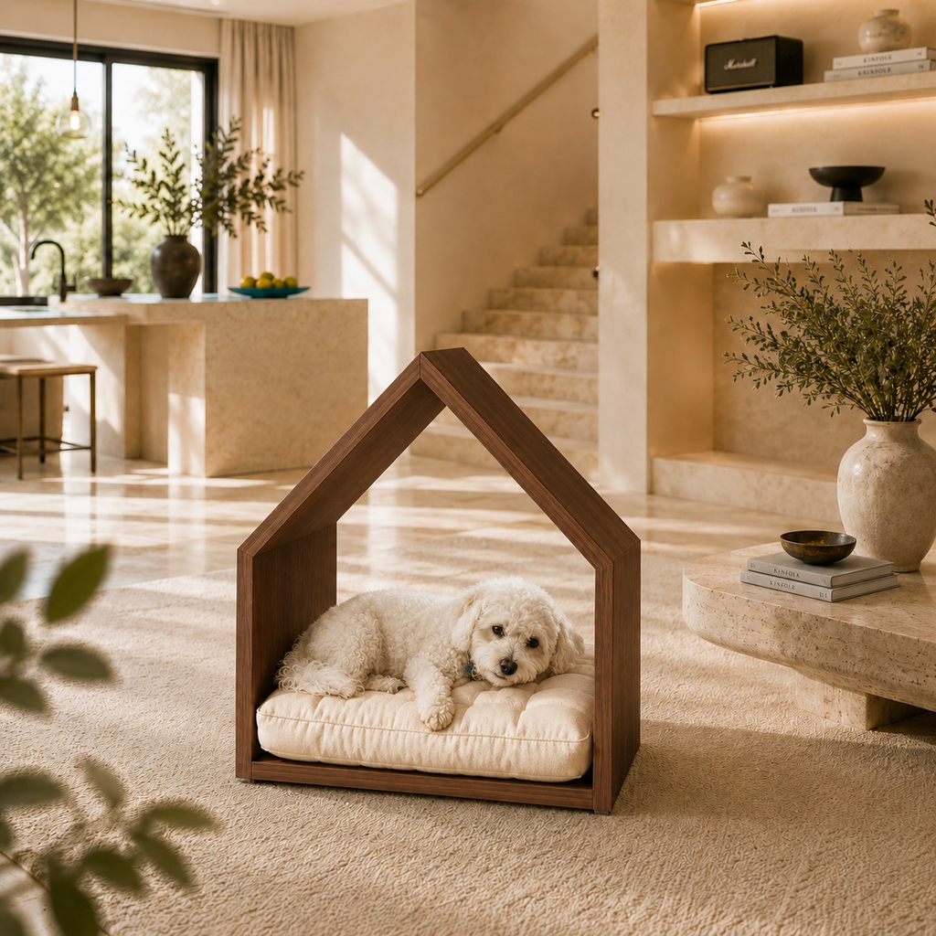 A small white dog lies inside a house-shaped wooden pet bed with a cream cushion, placed on a carpeted floor in a warm, modern living room.