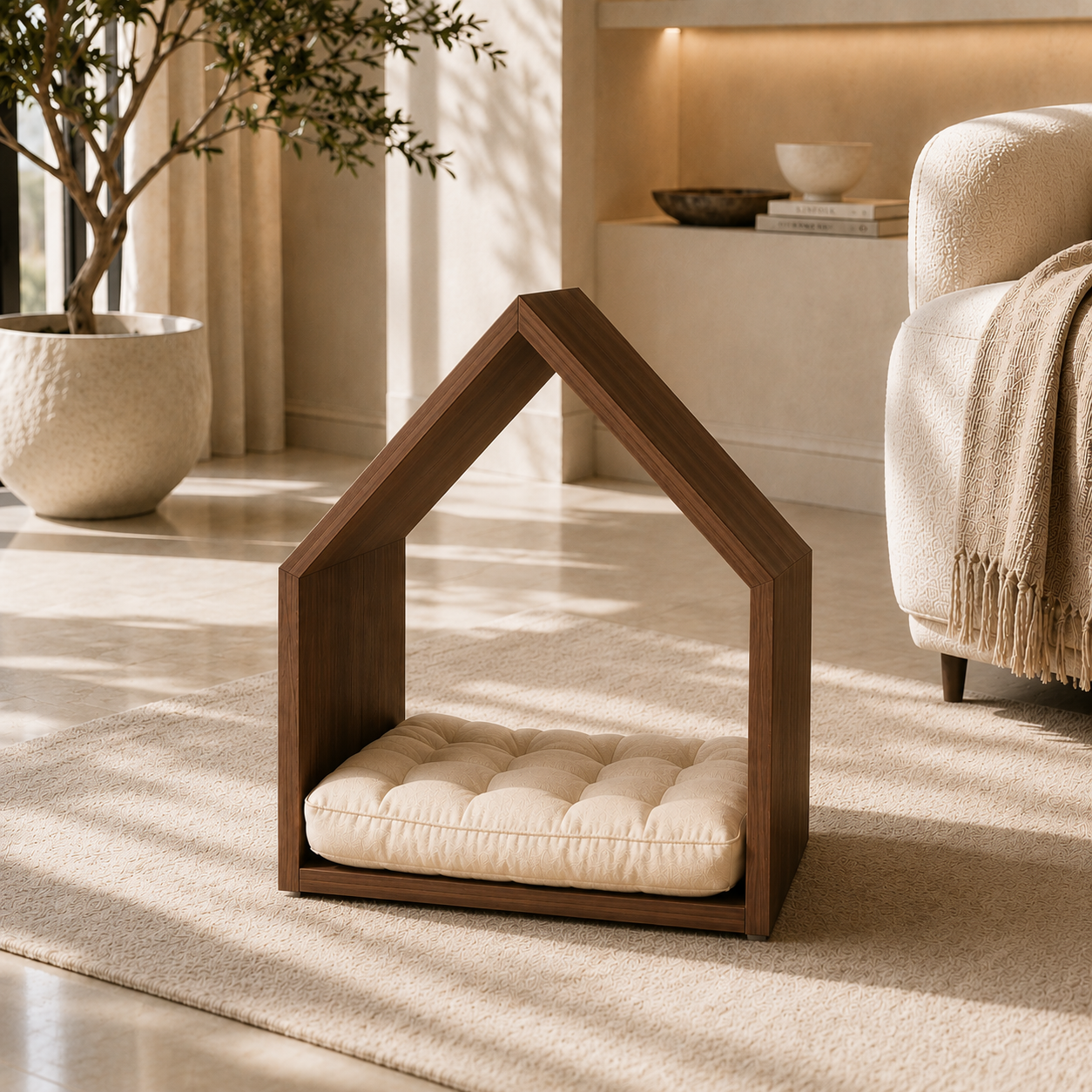 Open House Wooden Dog Bed - Walnut & Cream
