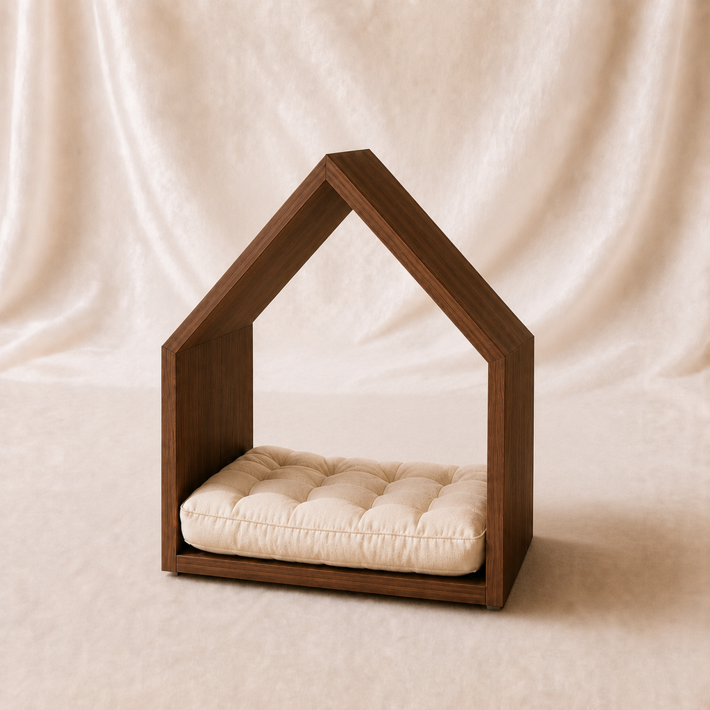 Open House Wooden Dog Bed - Walnut & Cream