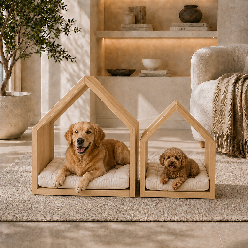 Open House Wooden Dog Bed - Natural Oak & Sand Beige