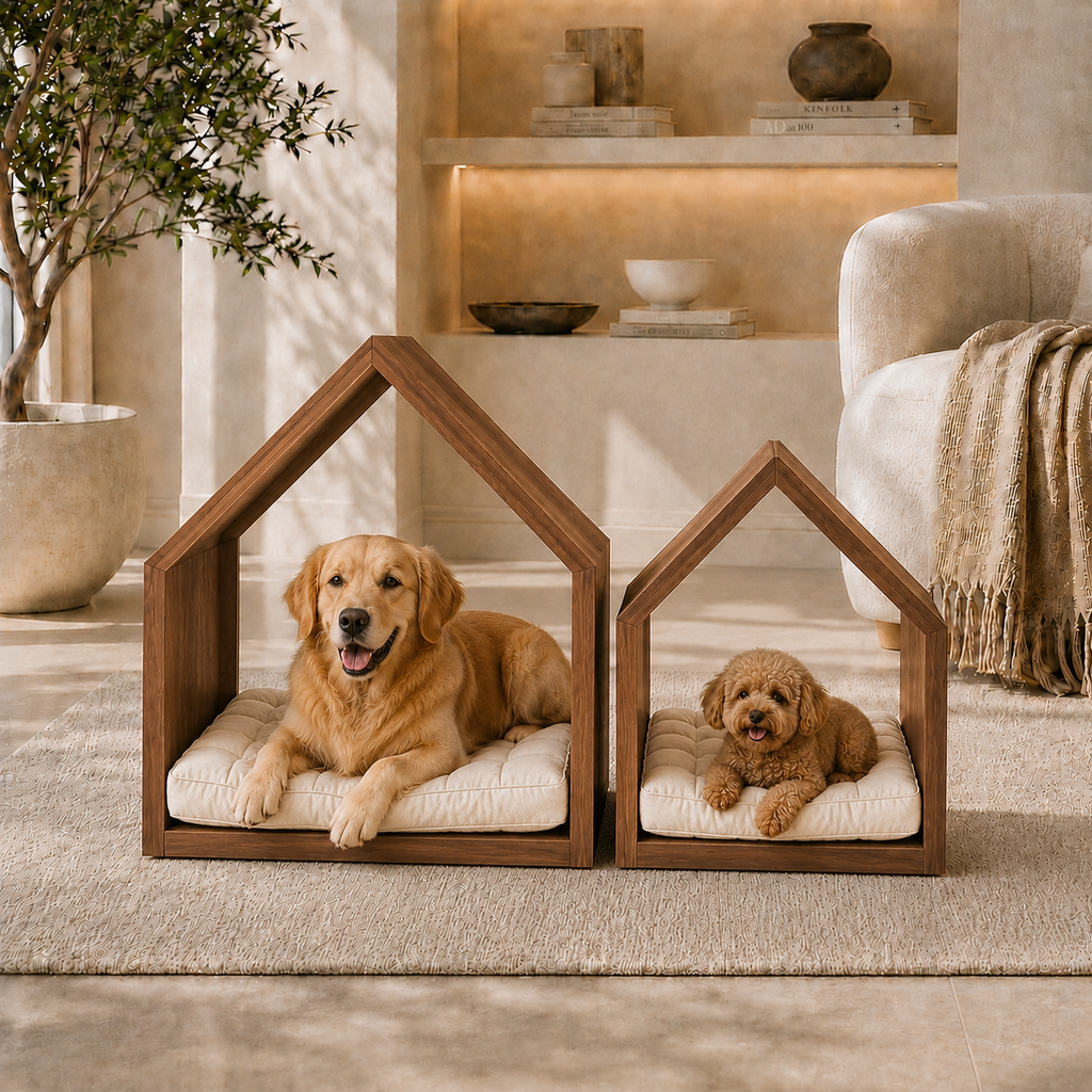 Open House Wooden Dog Bed - Walnut & Cream