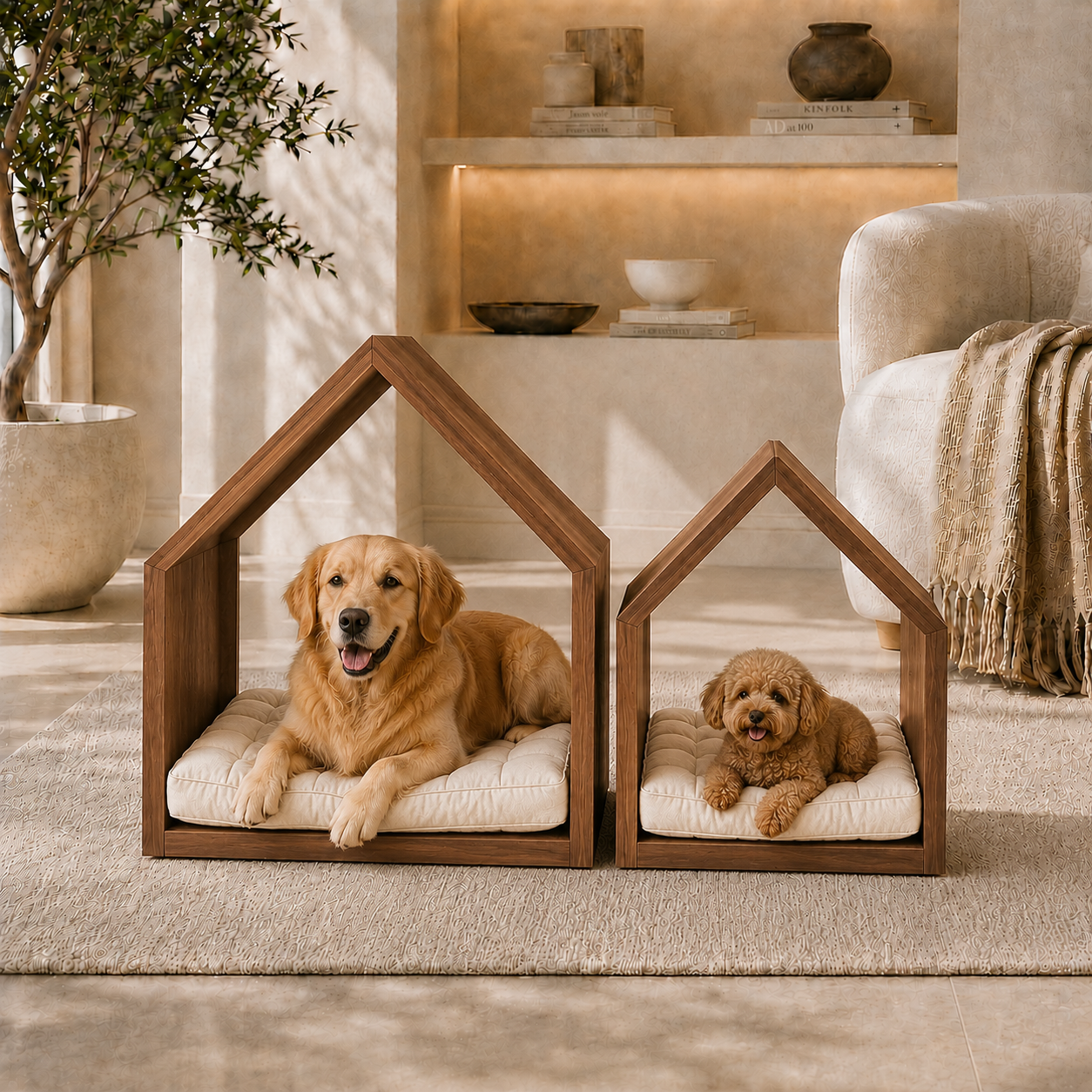 Open House Wooden Dog Bed - Walnut & Cream