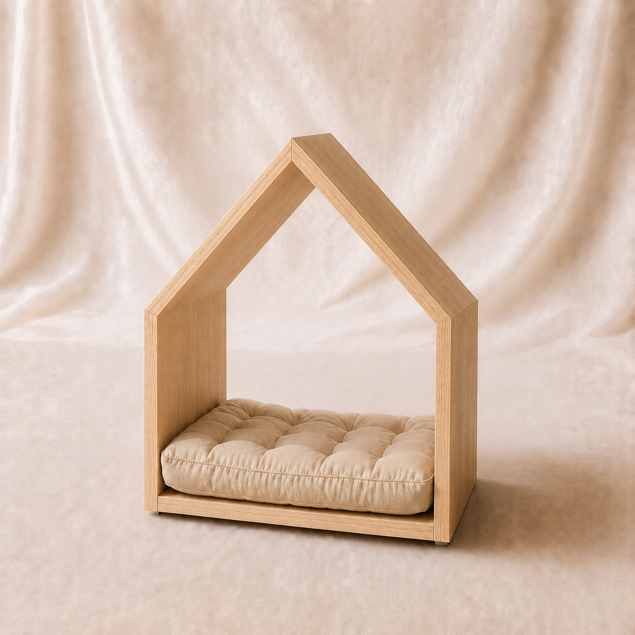 Open House Wooden Dog Bed - Natural Oak & Sand Beige