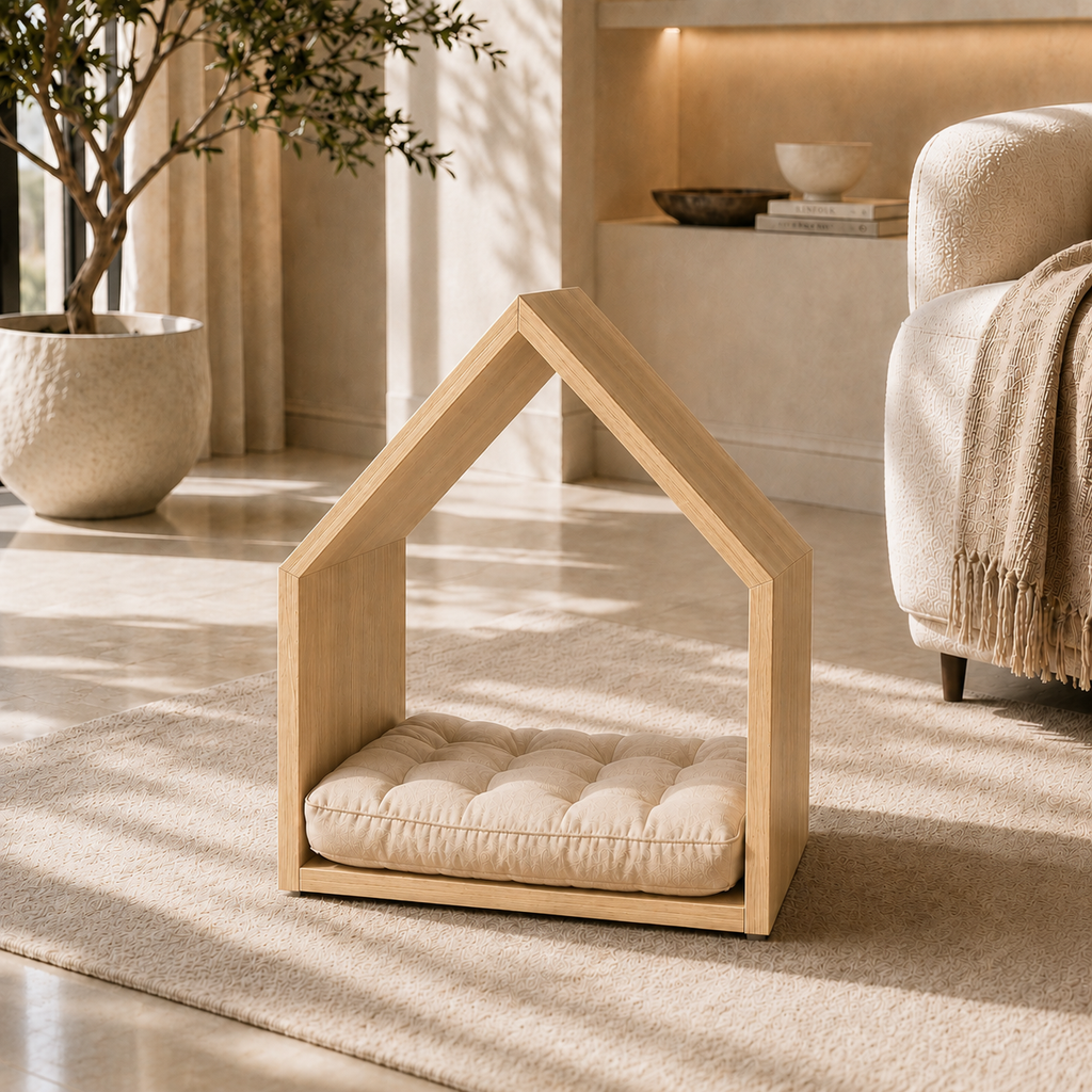 Open House Wooden Dog Bed - Natural Oak & Sand Beige