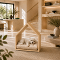 Open House Wooden Dog Bed - Natural Oak & Sand Beige