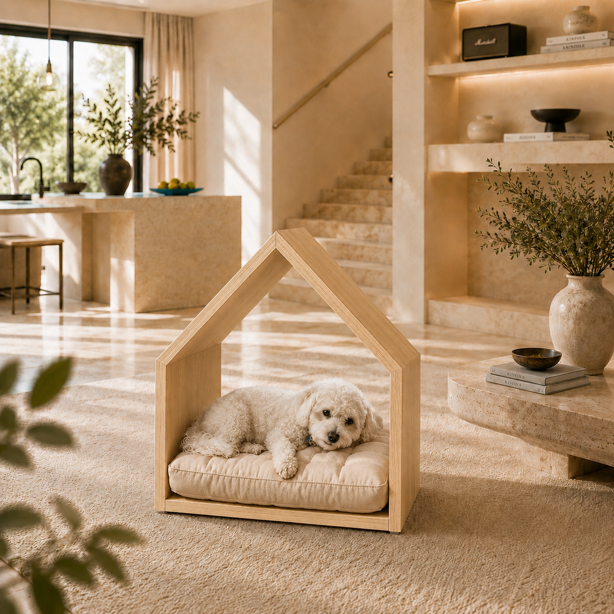 Open House Wooden Dog Bed - Natural Oak & Sand Beige