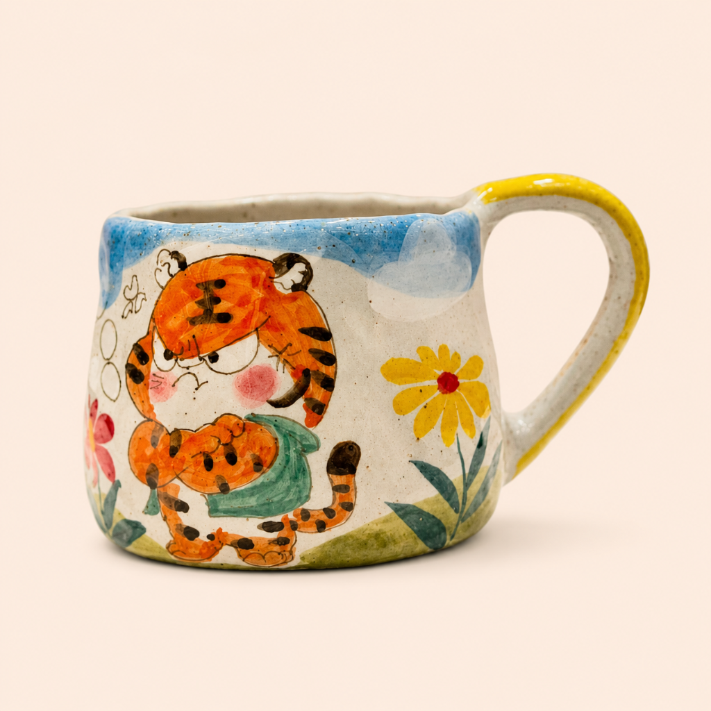 Ceramic mug with tiger design and floral elements on a beige background