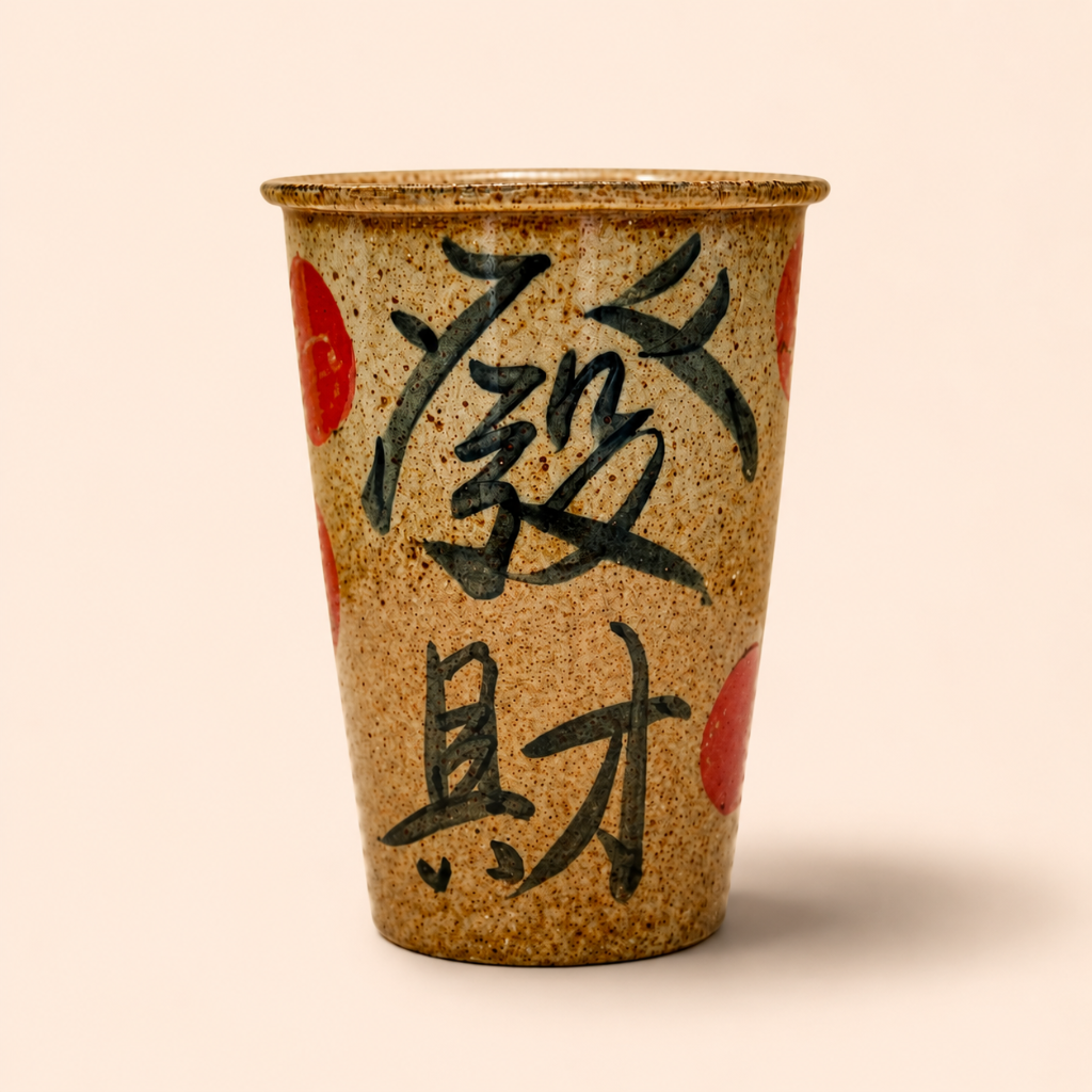 Ceramic cup with black calligraphy and red accents on a beige background