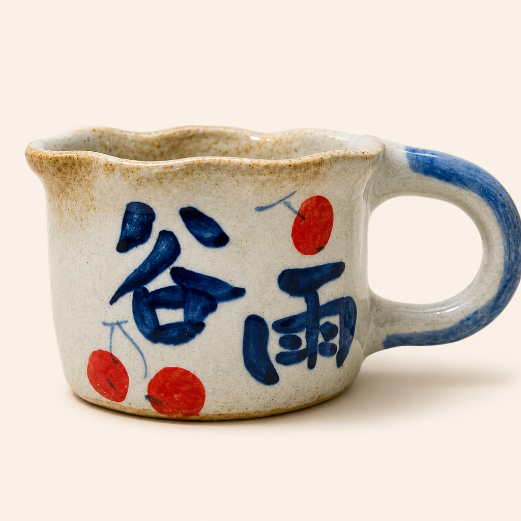 Ceramic cup with blue text and red cherries on a white background