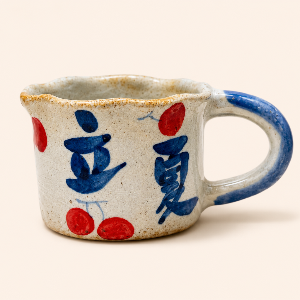 Ceramic mug with blue and red designs on a white background