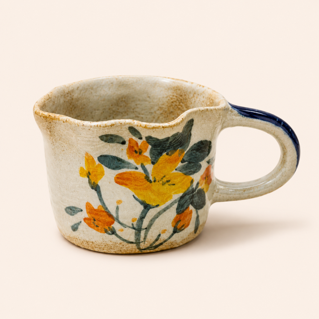 Ceramic mug with floral design on a beige background