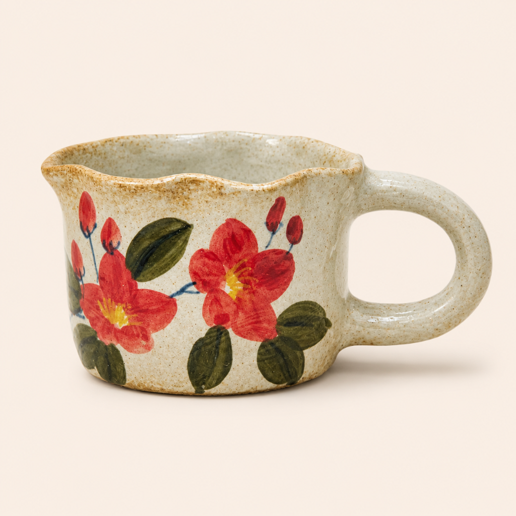 Ceramic mug with floral design on a beige background