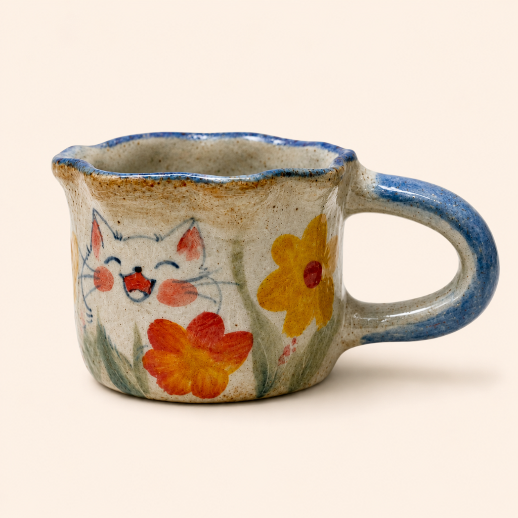 Ceramic mug with a cat and flower design on a beige background