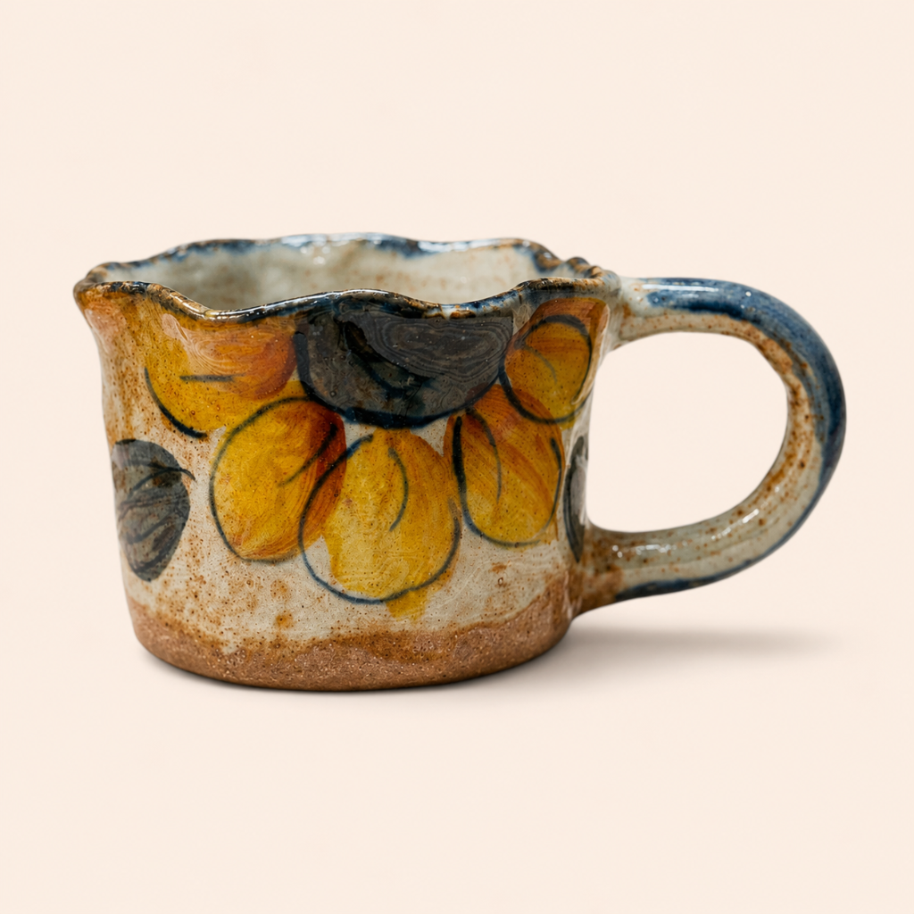 Ceramic mug with floral design on a beige background