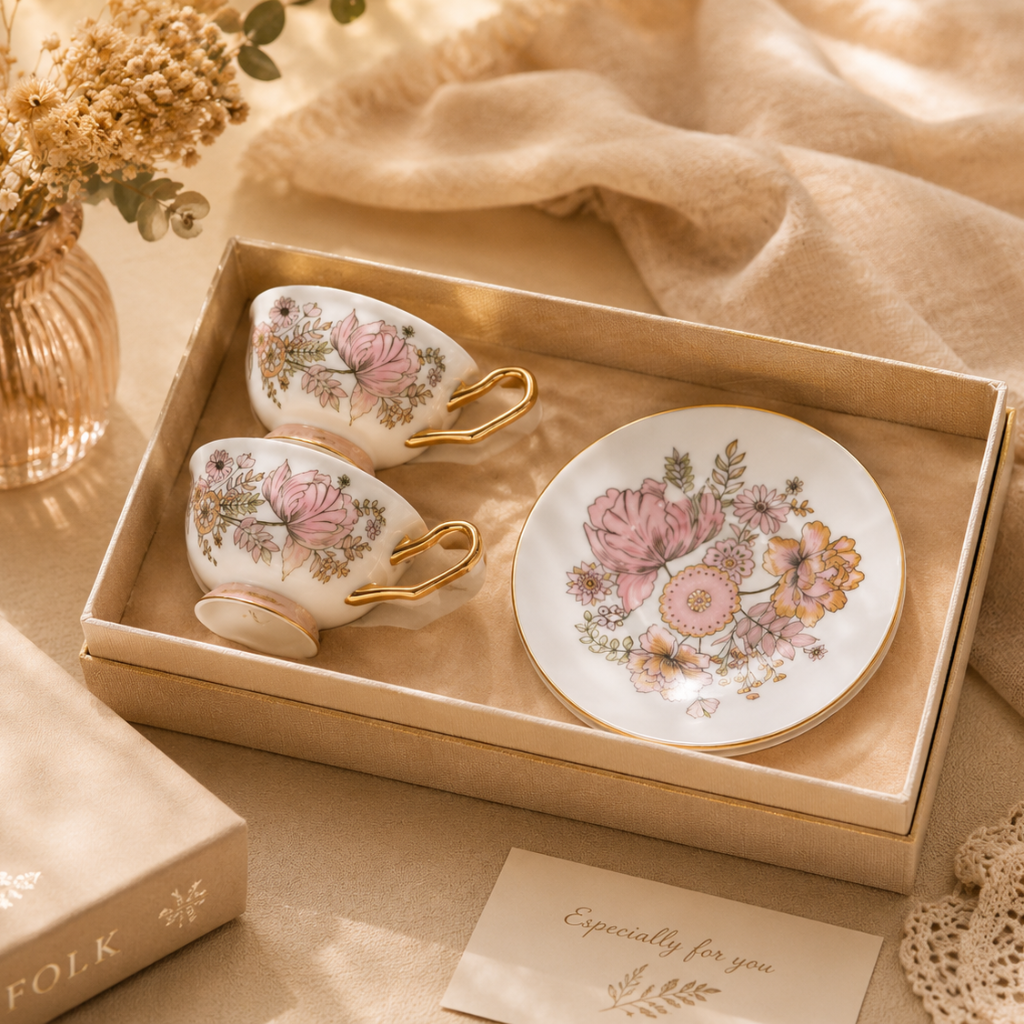 Set of floral teacups and saucer in a box on a soft fabric background