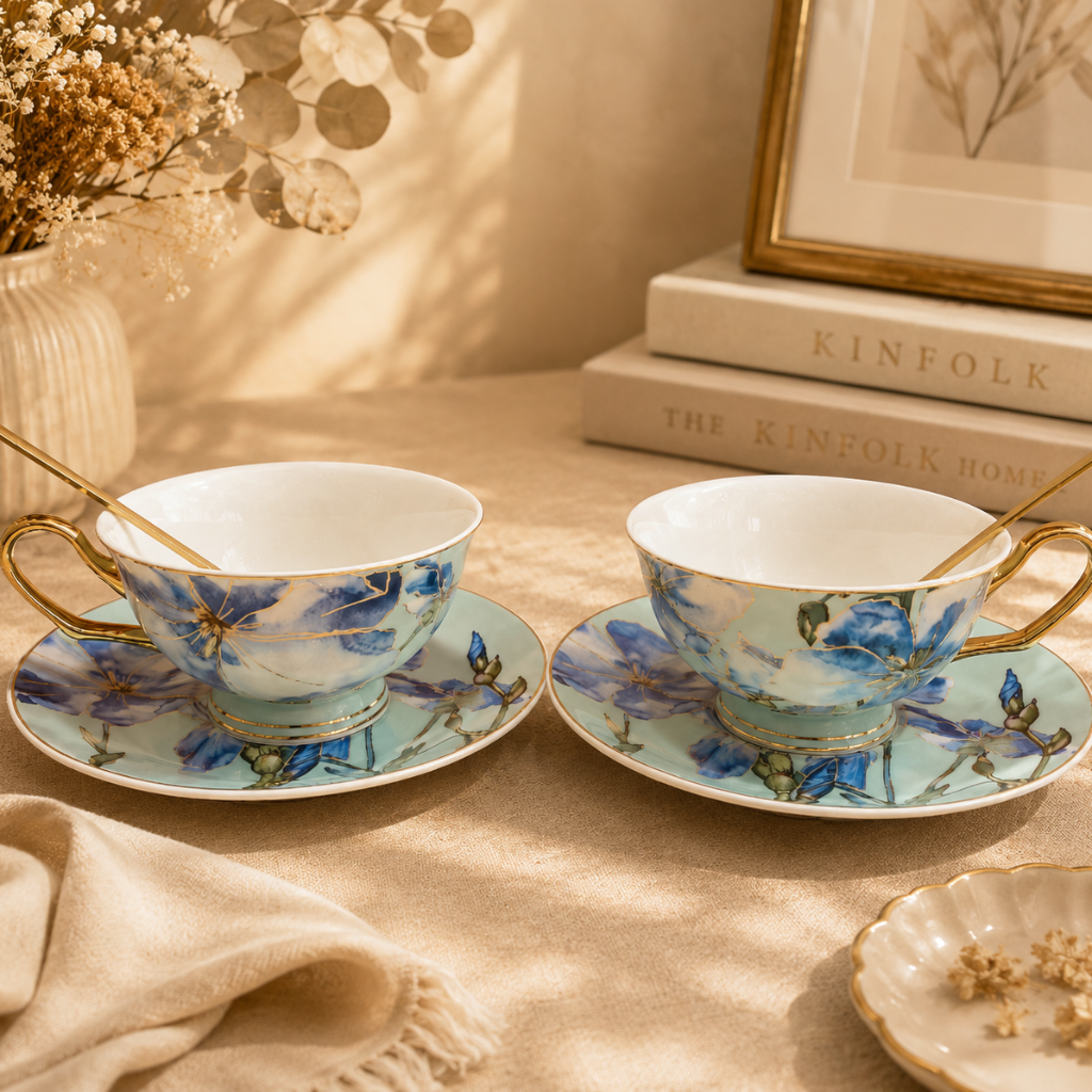 Two floral teacups with saucers on a table with books and decor.