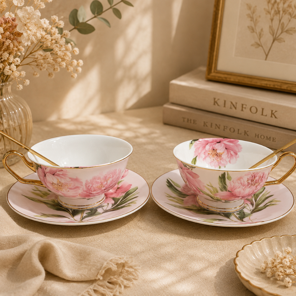 Two floral teacups with saucers on a table with books and decor.