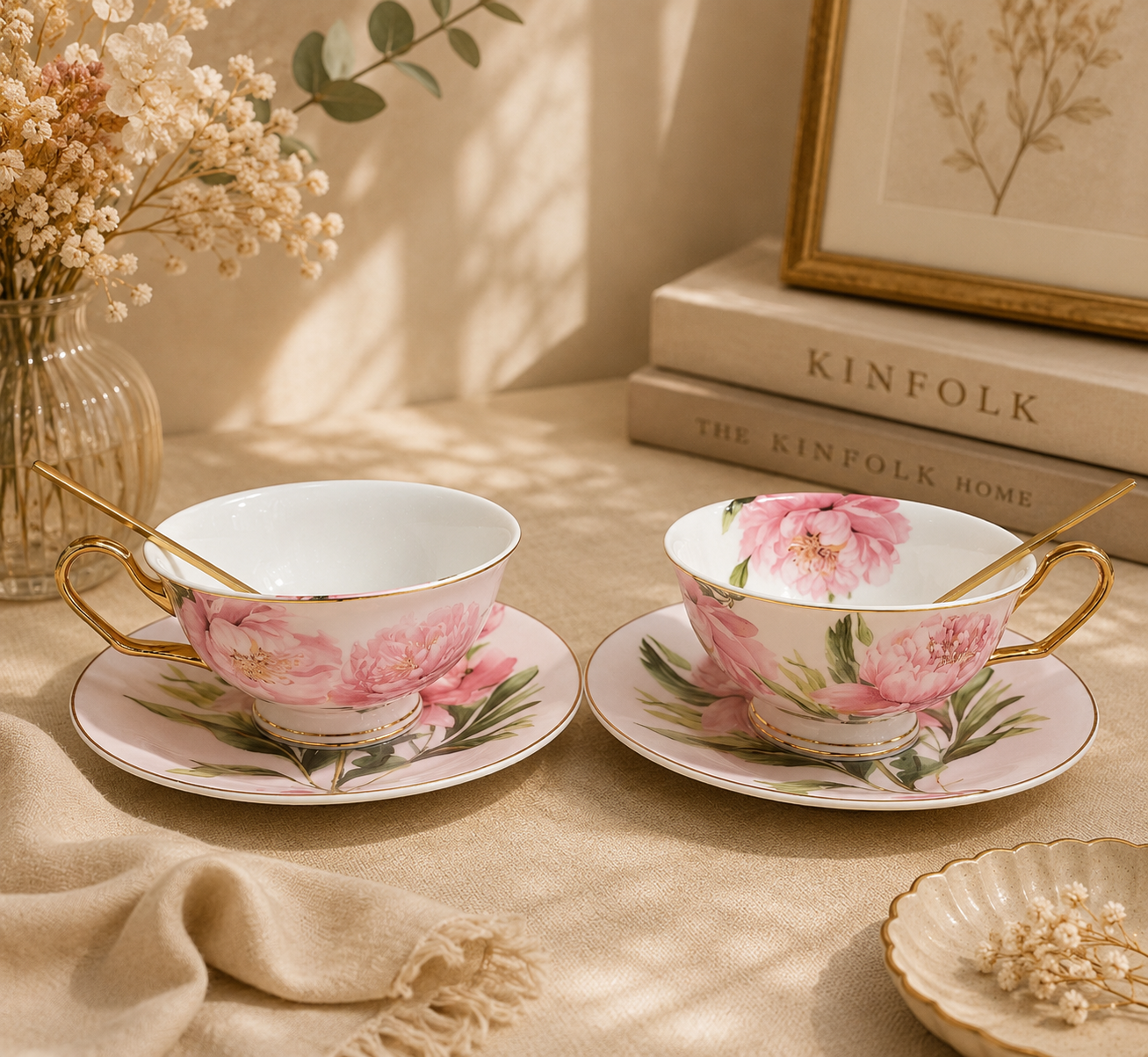 Pink Peony Coffee Pair Cups Set of 2