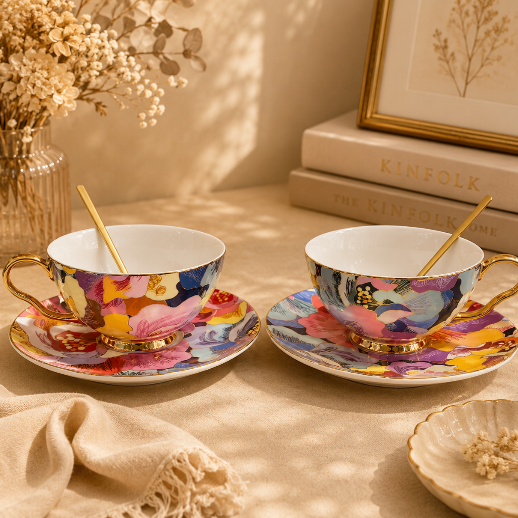 Two floral teacups with saucers on a table with books and decor in the background.
