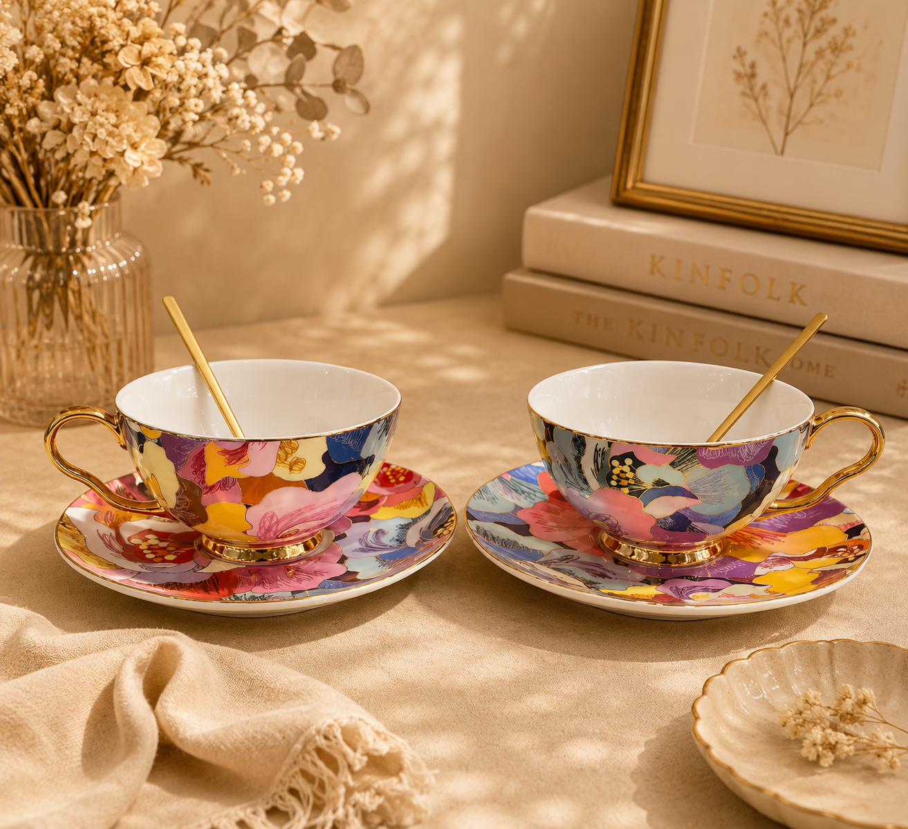 Colorful Peony Coffee Pair Cups Set of 2
