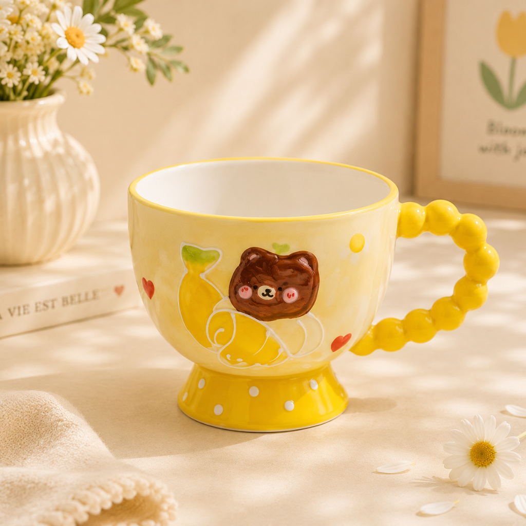 Yellow mug with a bear design on a light surface with flowers and books in the background