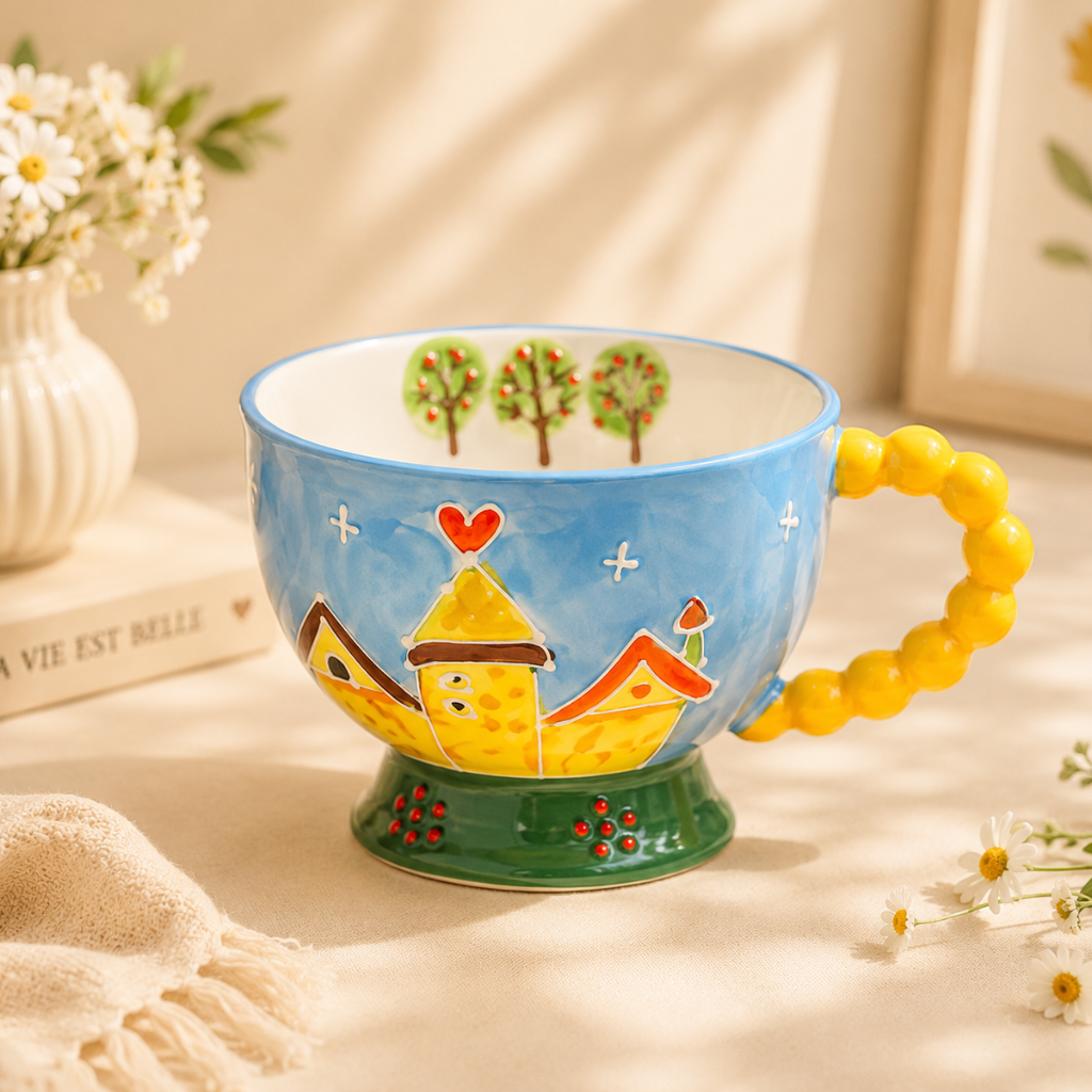 Decorative ceramic mug with a colorful design of houses and trees on a light background.