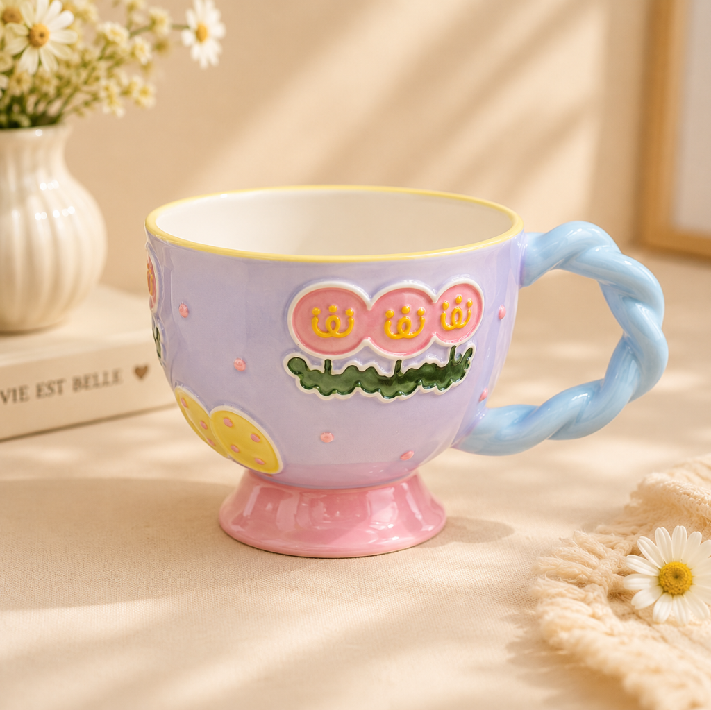 Colorful cartoon-style mug with a blue handle on a light surface.