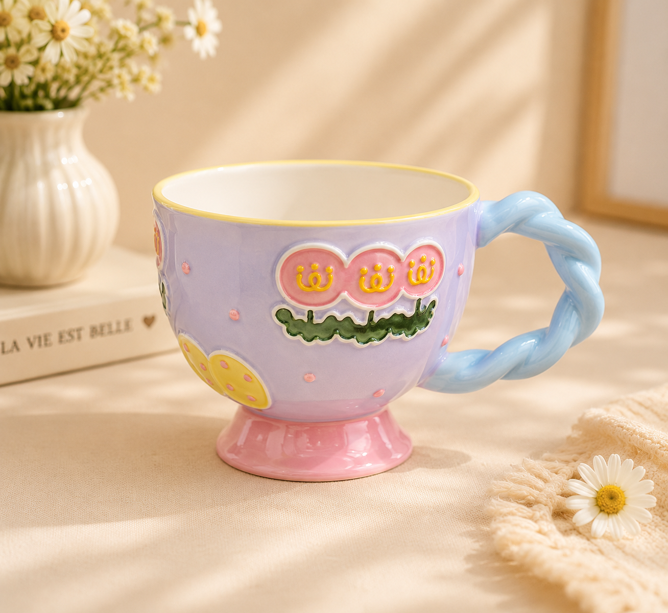 Handmade Pink Flower Cluster Breakfast Cup (420ml)