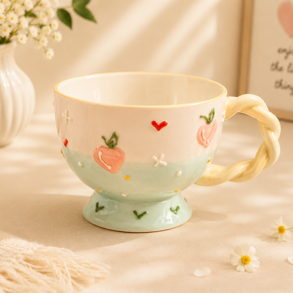 Decorative ceramic cup with floral designs on a soft background