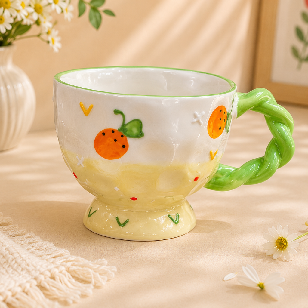 Decorative mug with a green handle on a table with flowers in the background