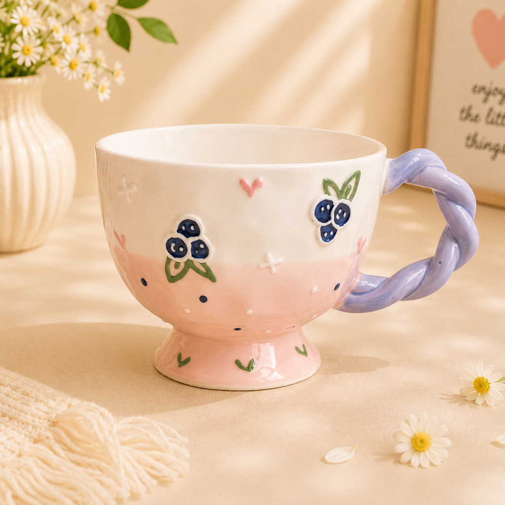 Ceramic mug with floral design and purple handle on a soft background