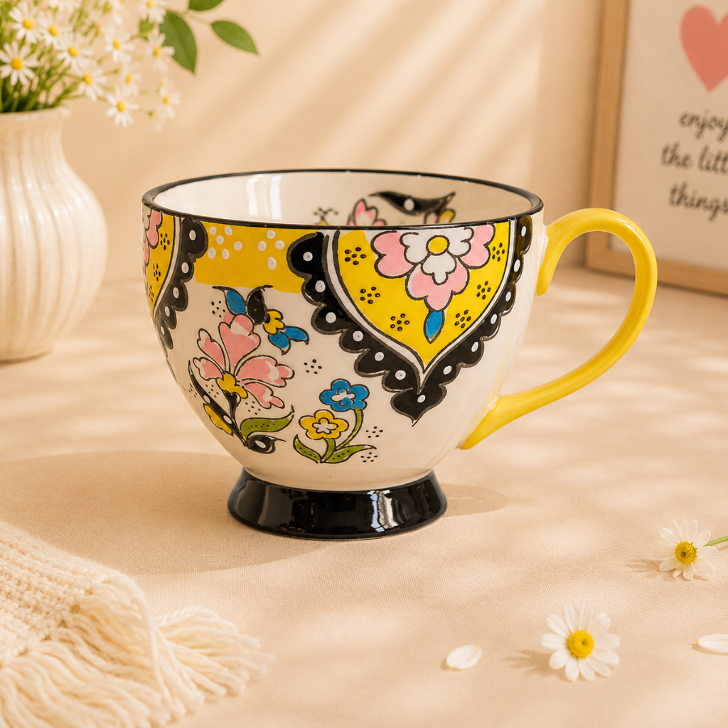 Colorful mug with floral design on a soft surface with flowers and text in the background
