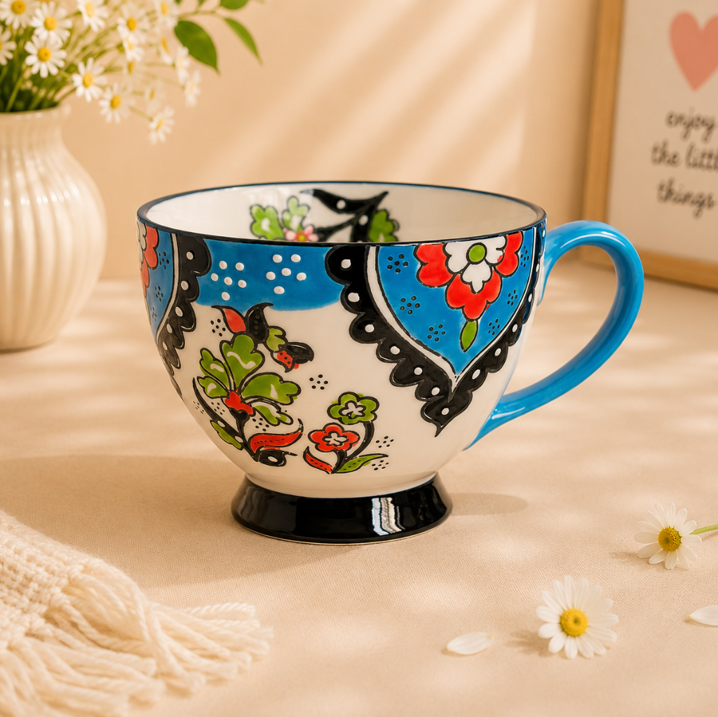 Colorful ceramic mug with floral designs on a soft surface with flowers and a frame in the background.