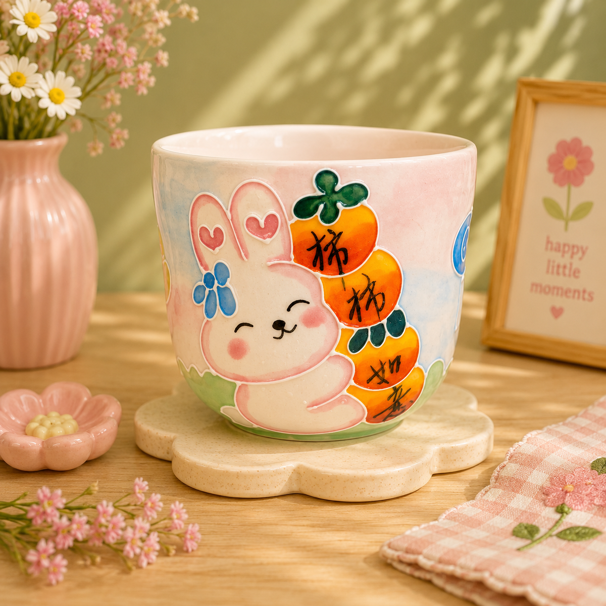 Handmade Persimmon Bunny Gourd Cup
