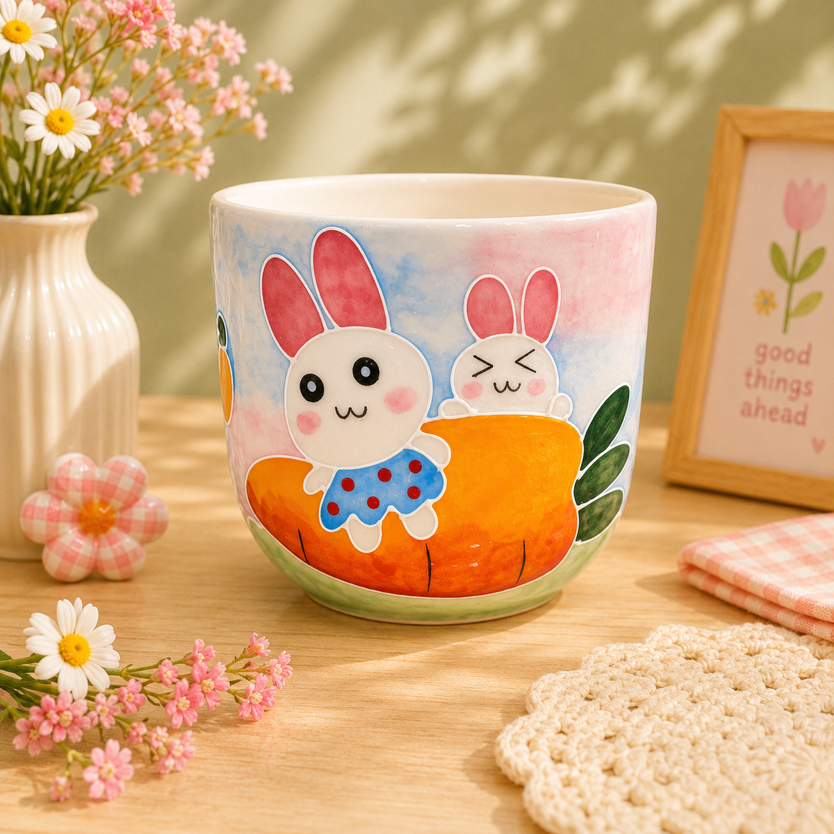 Handmade Peach Bunny Friends Gourd Cup
