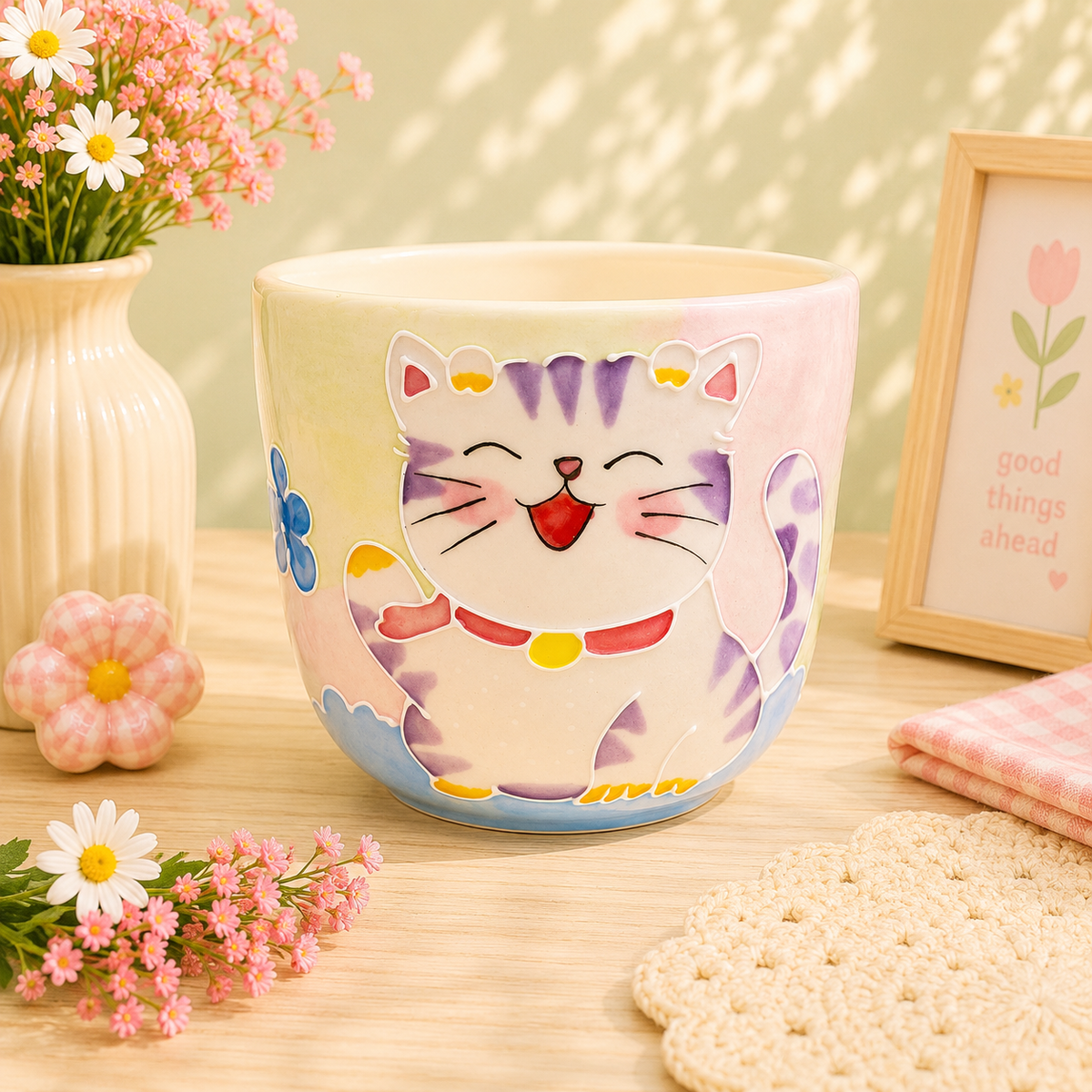 Handmade Happy Lavender Kitty Gourd Cup