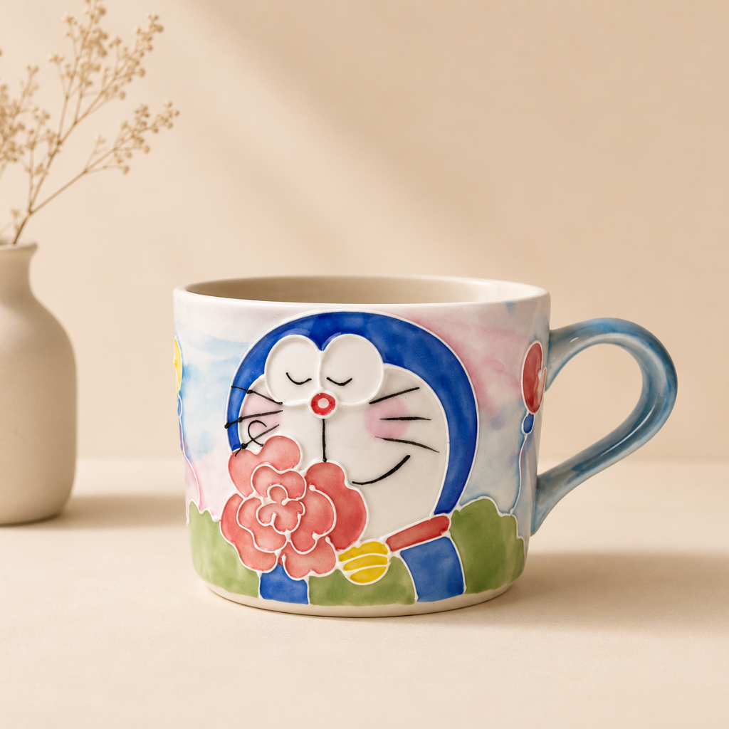 Handmade Doraemon Rose Mug with Handle