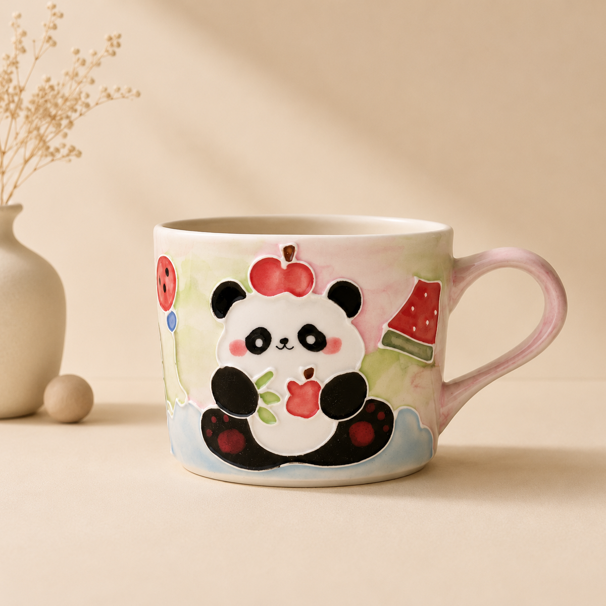 Ceramic mug with a panda design on a beige background