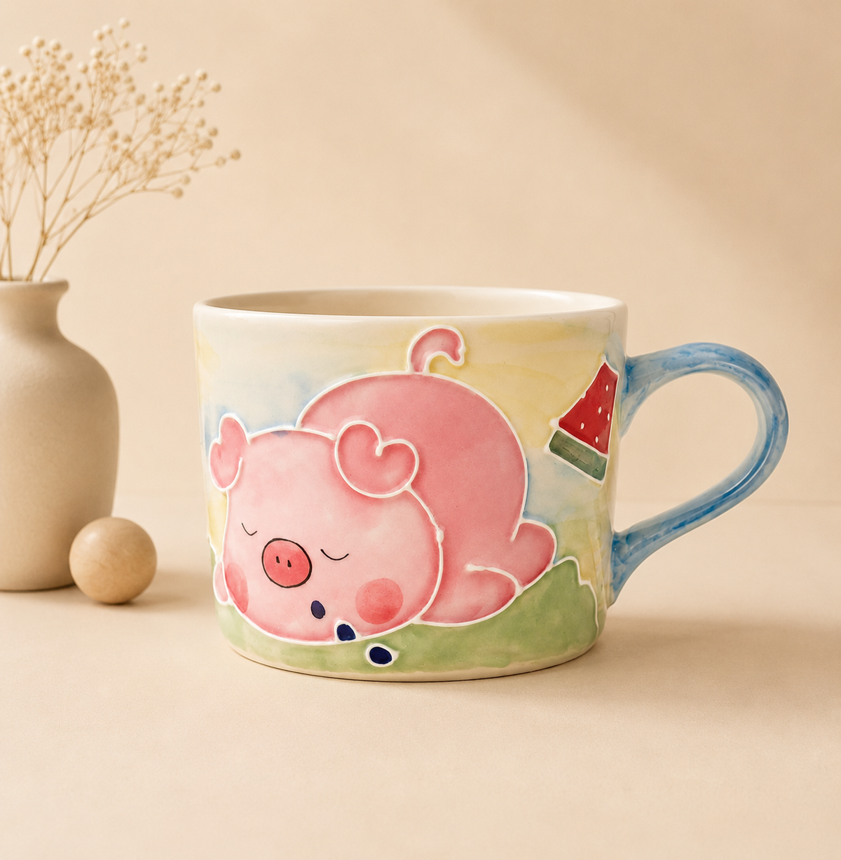 Handmade Sleeping Pig Mug with Handle