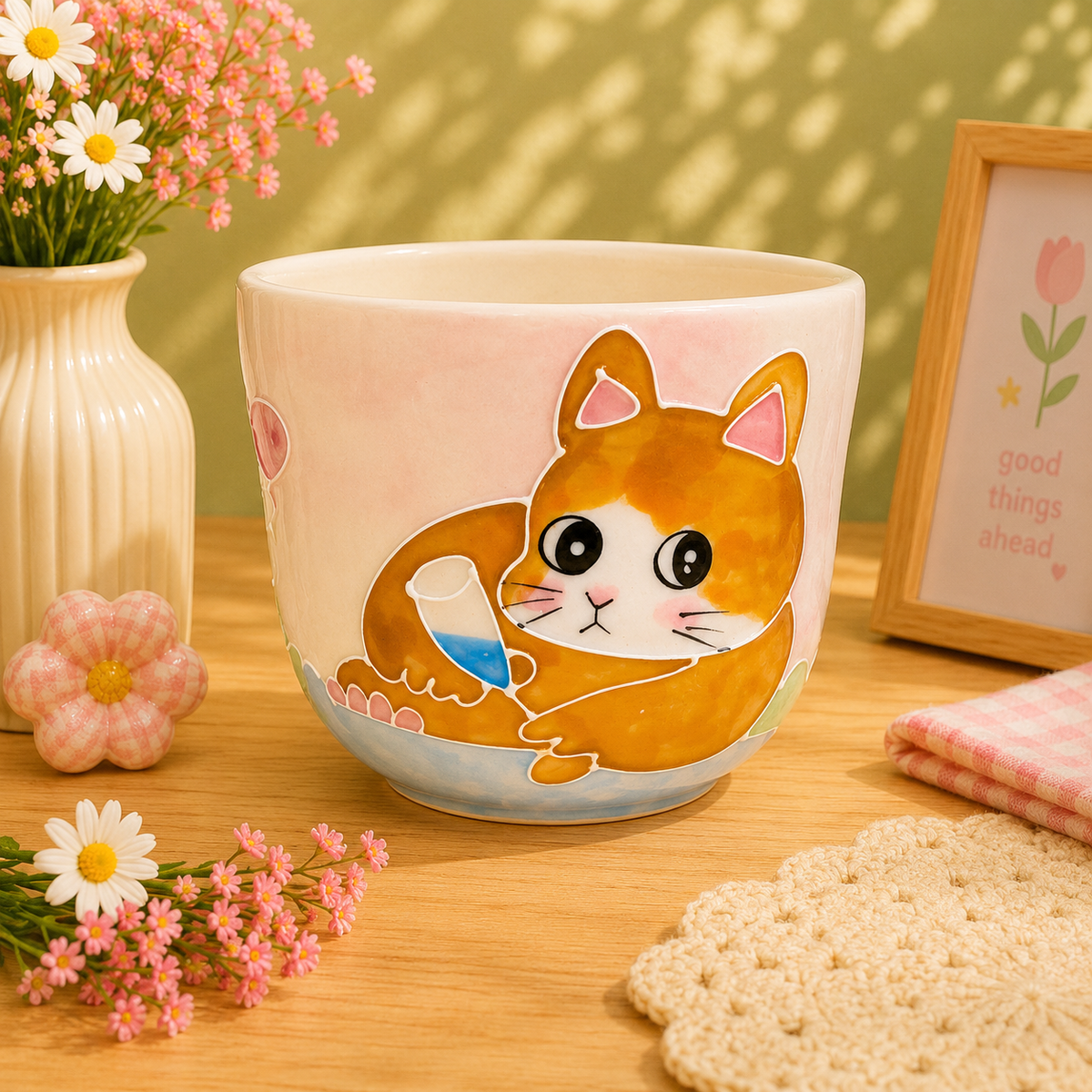 Handmade Curious Kitty Gourd Cup