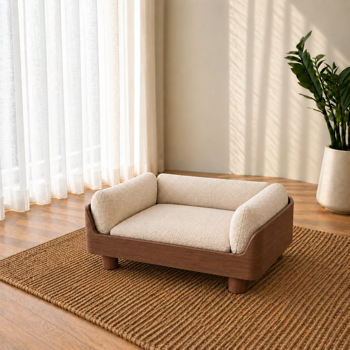 A small wooden pet bed with cream bouclé cushions sits on a woven rug in a sunlit room with sheer curtains and a potted plant.