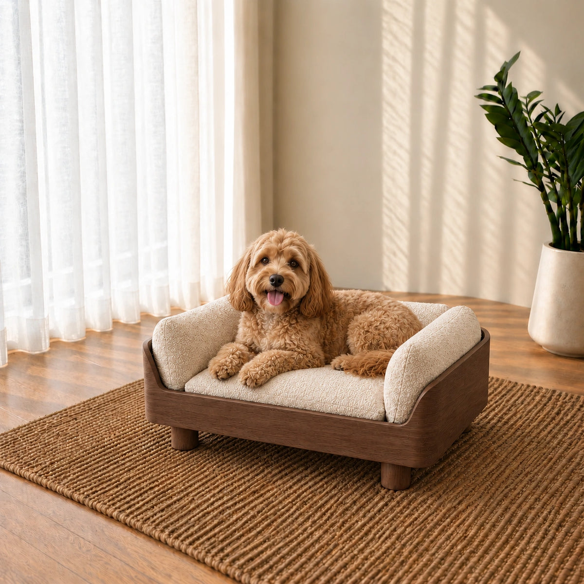 A small tan dog lies on a raised wooden pet bed with cream plush cushions in a bright room with sheer curtains, a potted plant, and a woven rug.