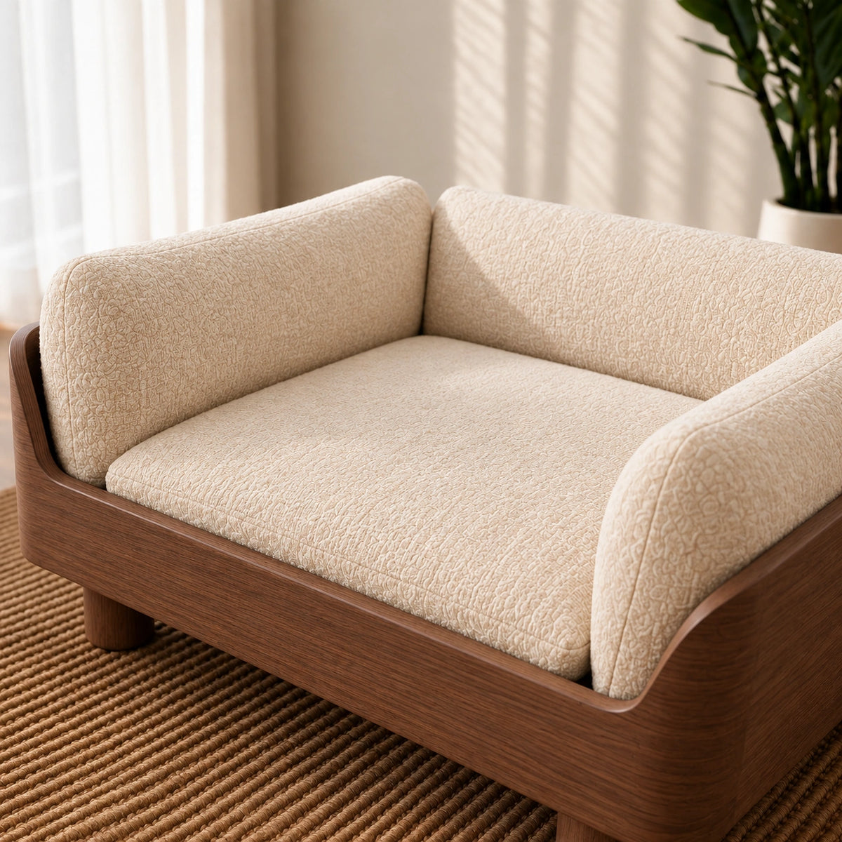 A modern pet sofa chair with a warm brown wood frame and thick, textured cream bouclé cushions, styled in a bright, sunlit room on a woven rug.