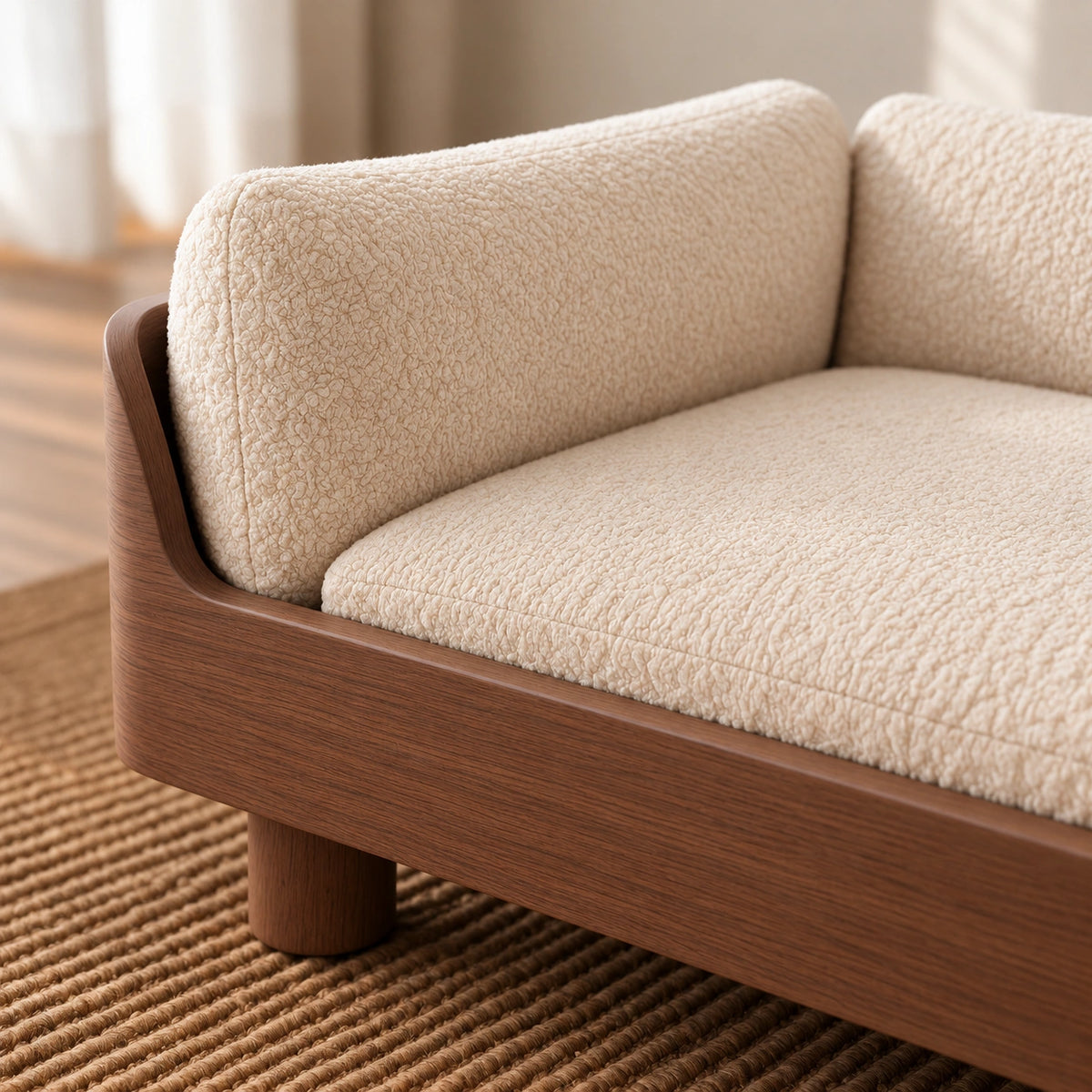 Close-up of a modern sofa corner with cream bouclé cushions and a medium brown wooden frame, shown in a softly lit interior setting.