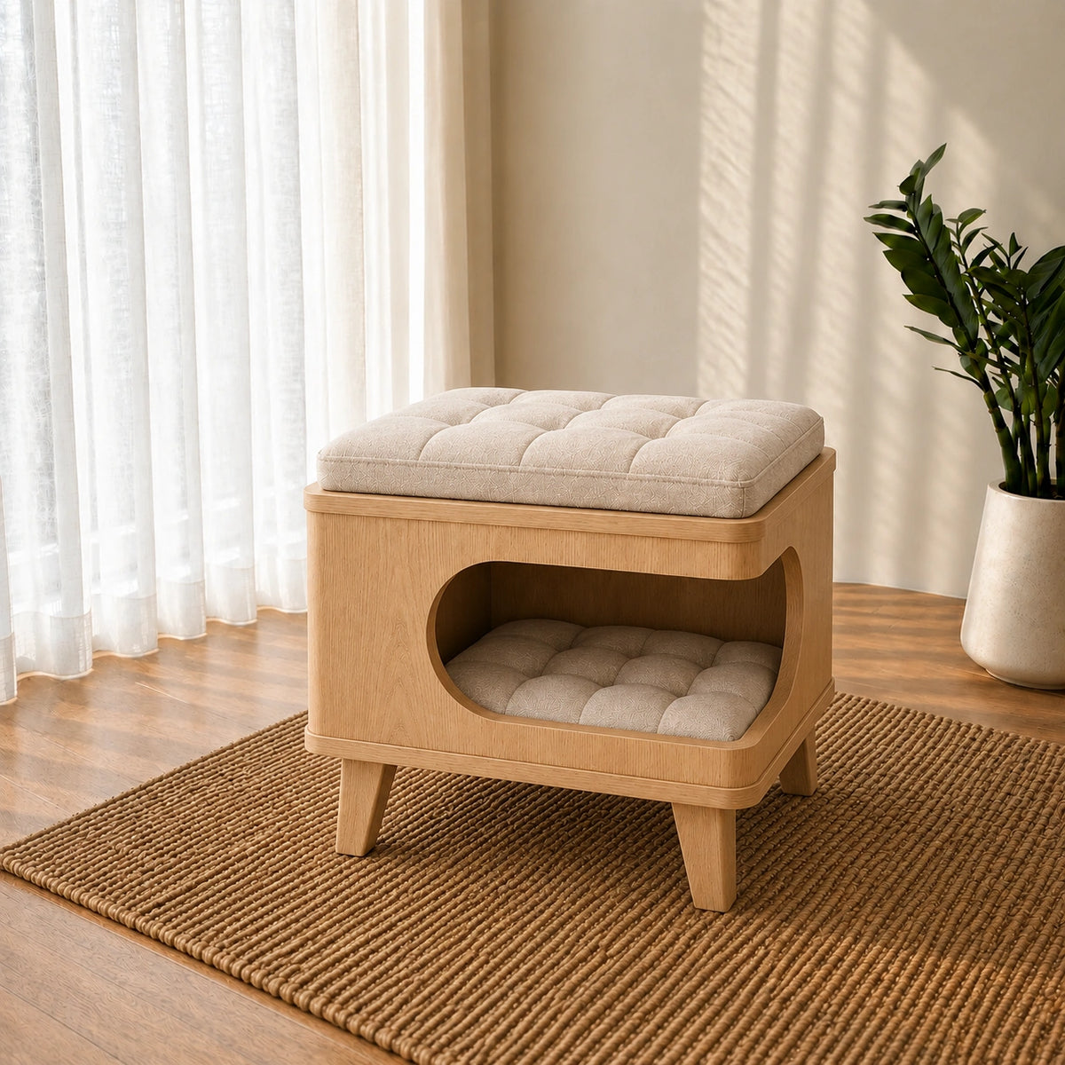 Modern Wooden Pet House Ottoman with Cushion