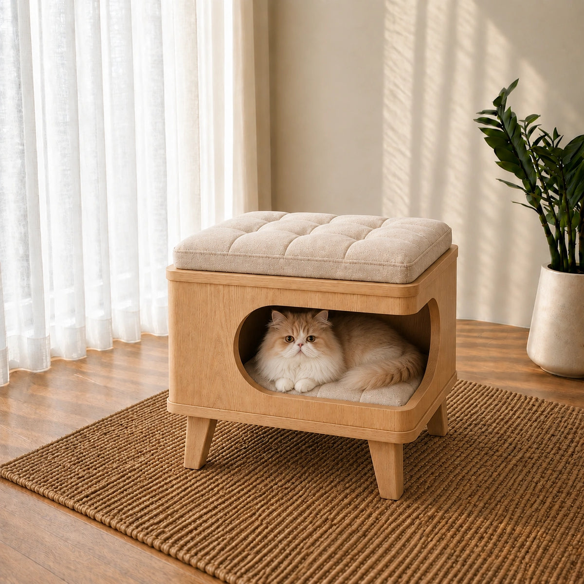 Modern Wooden Pet House Ottoman with Cushion