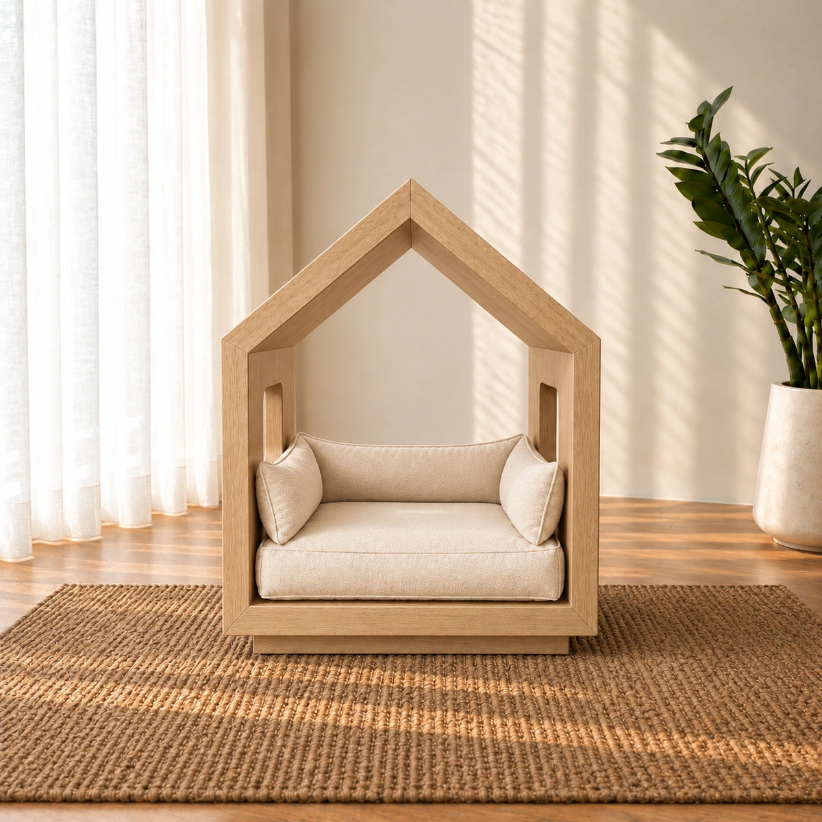 Modern Wooden House Pet Bed with Cushion