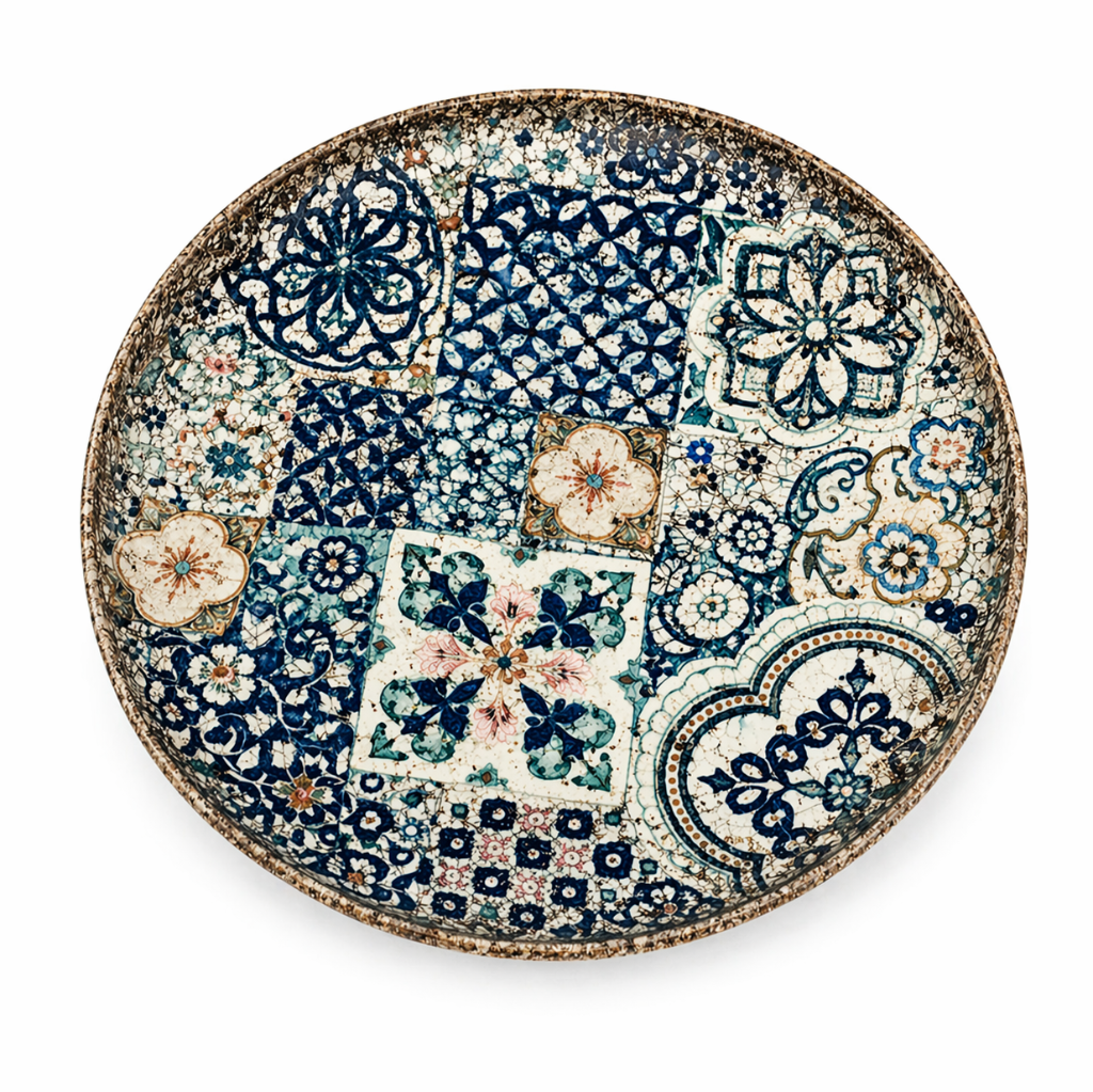 Decorative plate with intricate floral and geometric pattern on a white background
