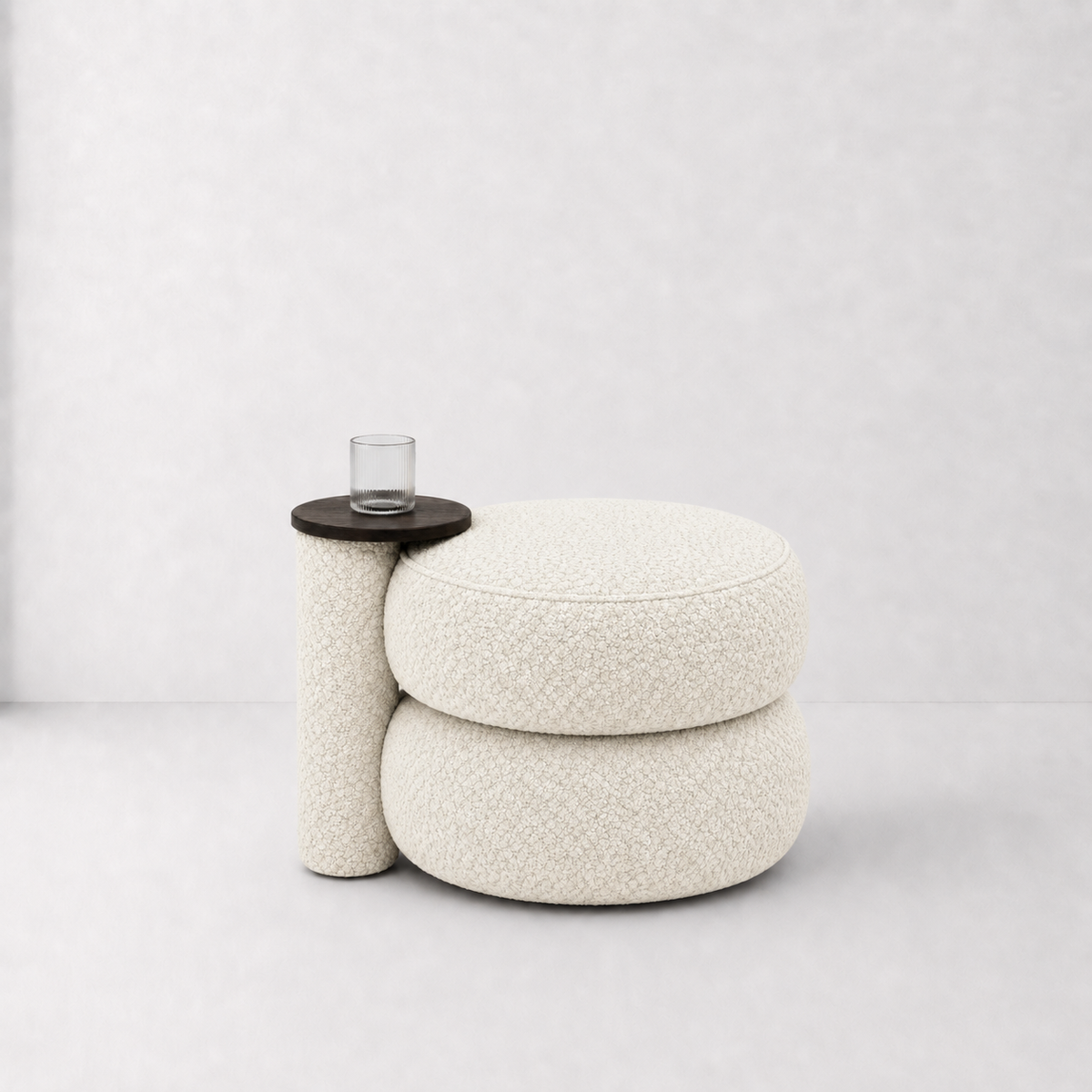 Modern Boucle Pouf with Integrated Side Table