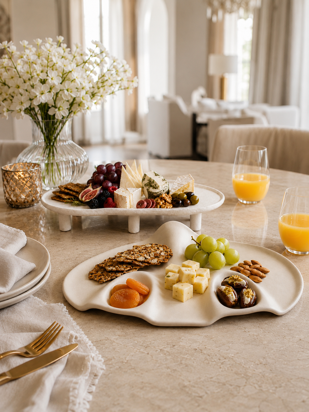 A styled breakfast or charcuterie scene on a beige table, featuring two white ceramic serving platters with crackers, cheese, grapes, olives, and dates. One platter is in the foreground and the other sits on a raised platform behind it.